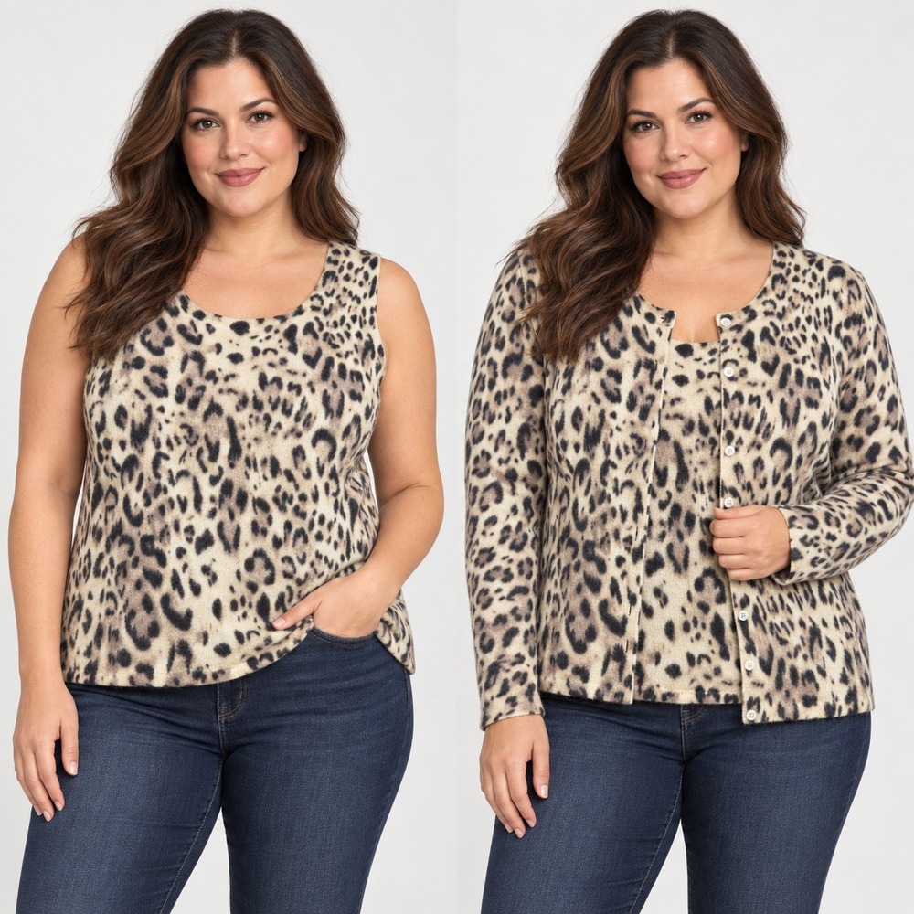 Sutton Studio 100% Cashmere Twinset 2 Pc Cardigan & Tank Set 1X XL Leopard NWT